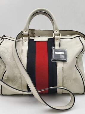 GUCCI White Lambskin Leather Web Stripe Medium Joy Boston 30,, Authentic w/COA.